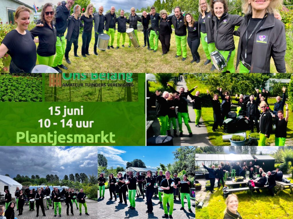 Fotocompilatie met groepsfoto's van de Utrechtse sambaband BooomBassTic! die speelde tijdens de plantjesmarkt van Tuindersvereniging Ons Belang in Nieuwegein.